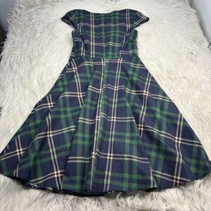 Pukavt Women's S Green Blue Beige Plaid Fit Flare Midi Dress Retro Twee Preppy